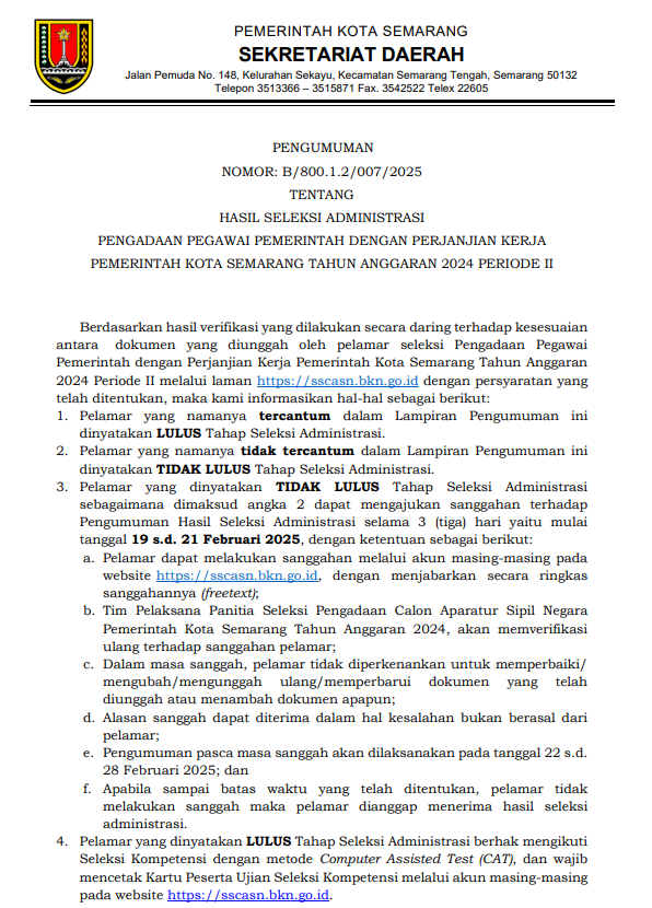 Hasil Seleksi Administrasi Pengadaan Pegawai Pemerintah dengan Perjanjian Kerja Pemerintah Kota Semarang Tahun Anggaran 2024 Periode II